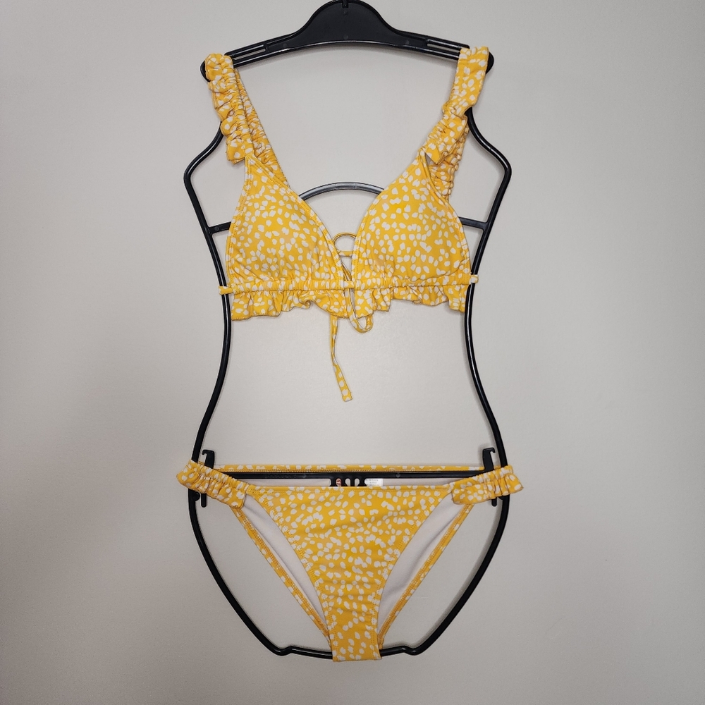 Tahiti Yellow White Speckled Bikini Set Ruched Ruffle‎ Tie Back Size M